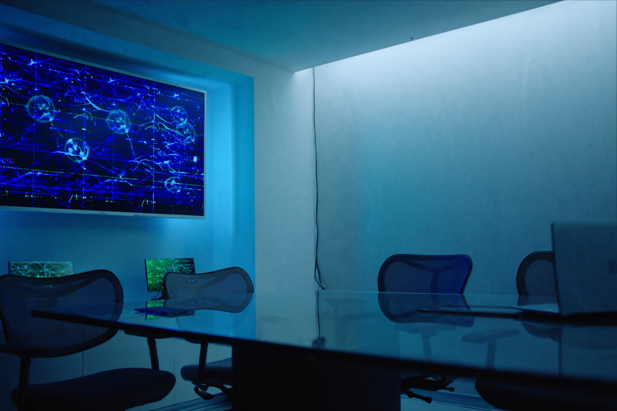 Senior engineers reviewing a network topology on a wall display in a modern operations center.